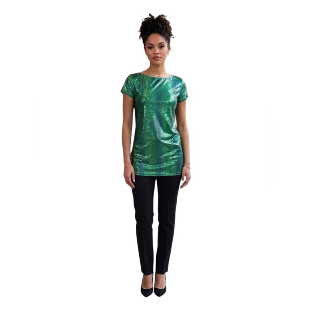 Metallic Emerald Croc-Texture Short Sleeve Top